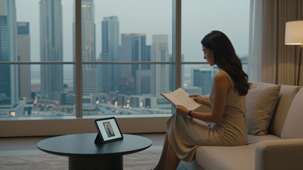A calm woman reading in a minimalist Dubai apartment, skyline visible through large windows, no digital devices in sight.