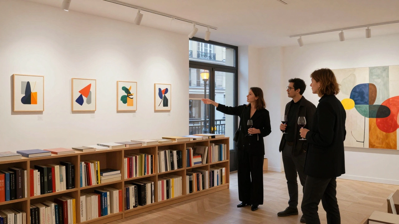 A woman guiding clients through a private art gallery in Montparnasse, surrounded by paintings and books.