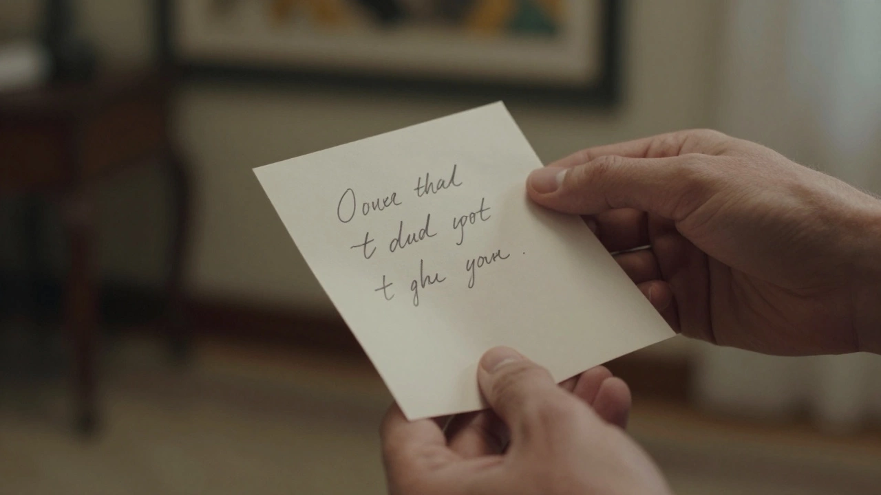 Two hands exchanging a handwritten note, conveying emotional connection in a discreet, upscale setting.