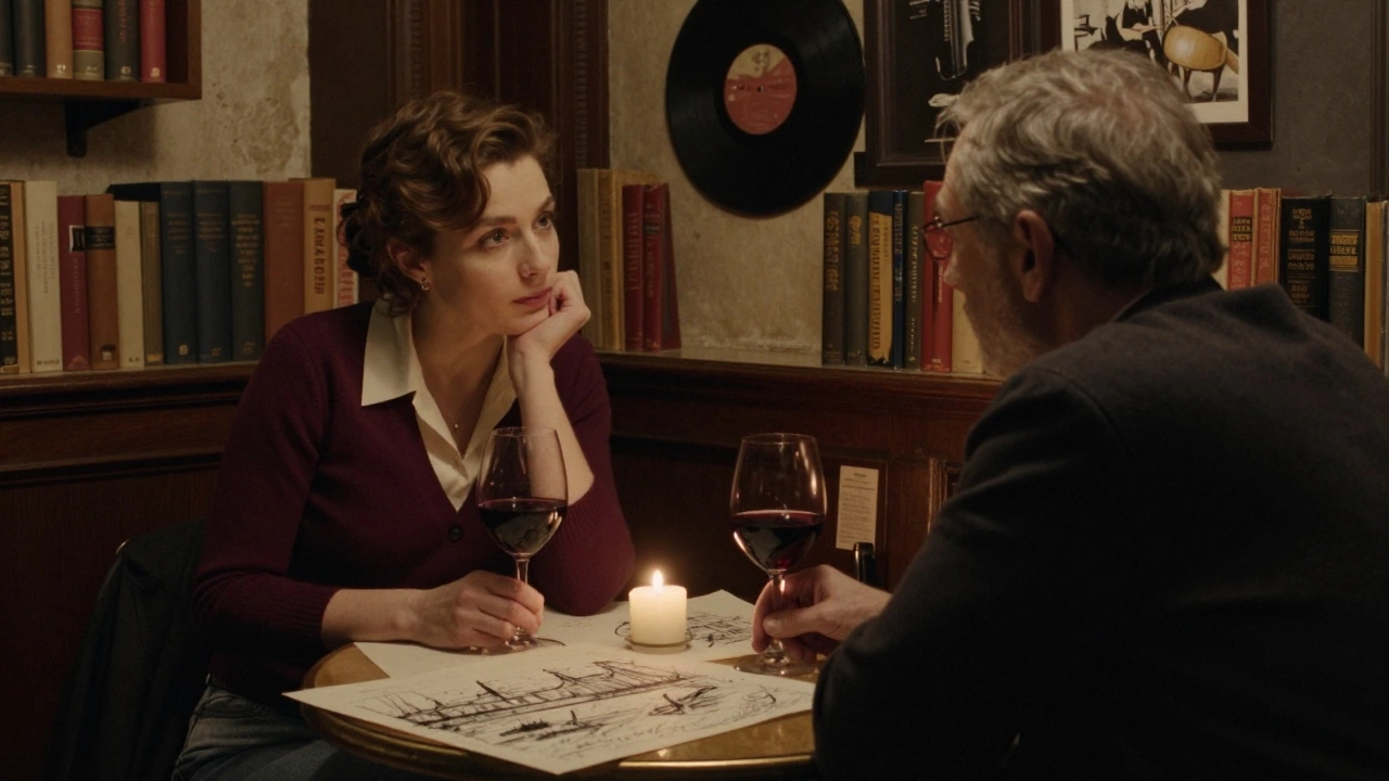 Two people sharing quiet conversation over wine in a cozy Parisian bistro, surrounded by books and candlelight.